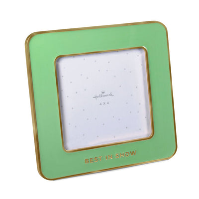 Spring green enamel square picture frame with gold trim and “Best in show” caption below 4x4 photo opening.