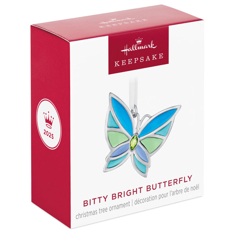 Mini Bitty Bright Butterfly miniature Christmas tree ornament with blue and green metal wings and shiny silver detailing