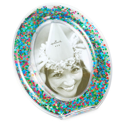 Clear oval picture frame with colorful metallic confetti inside the border, easel back, fits 4x6 vertical photo, Hallmark

