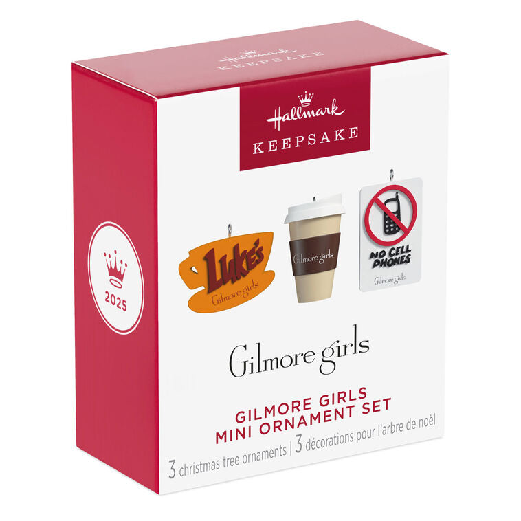Set of three Gilmore Girls mini ornaments: Luke’s Diner mug, travel coffee cup, and No Cell Phones sign, Hallmark Keepsake collectible