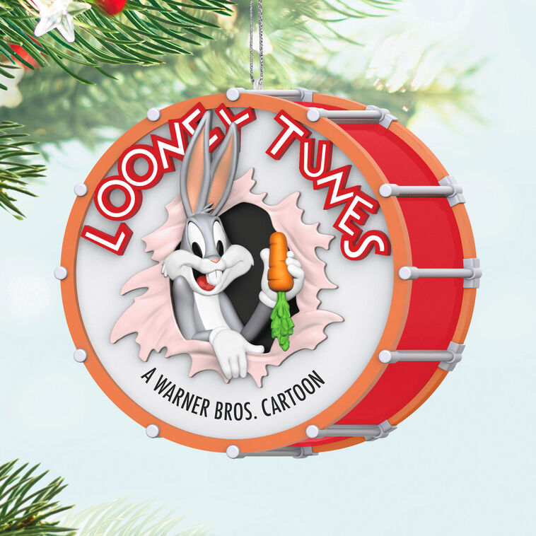 Bugs Bunny Looney Tunes ornament bursting through red drum with carrot in hand, 85th anniversary design