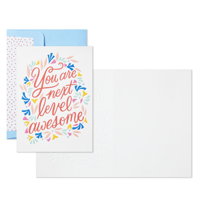 Blank note cards with colorful floral wreath and script message, includes envelopes.