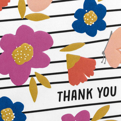 Thank you cards with bold poppies, butterflies, and black stripes on white background, includes 10 blank cards and pink-lined envelopes