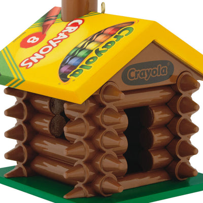 Crayola log cabin ornament made from brown crayons with yellow 8-count box roof, Hallmark Keepsake, holiday decor for kids or teachers.