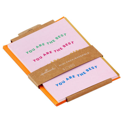 Set of 5 Hallmark mini blank cards featuring “You Are the Best” in colorful, wavy script on light pink with gold foil accents and bright envelopes.
