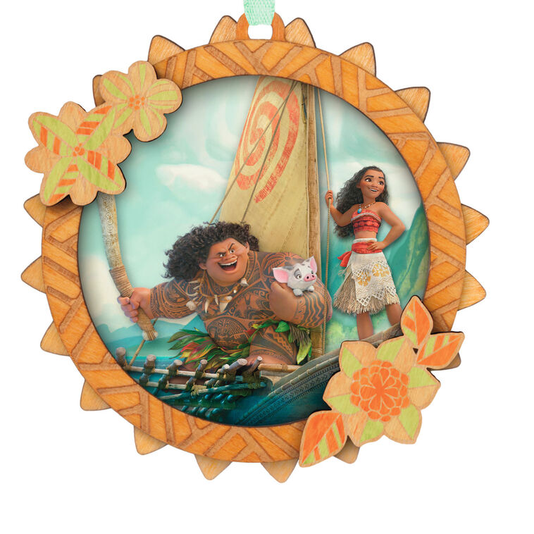 Hallmark Keepsake Disney Moana Setting Sail Papercraft Ornament with Moana, Maui, and Pua in boat, tropical flower frame.
