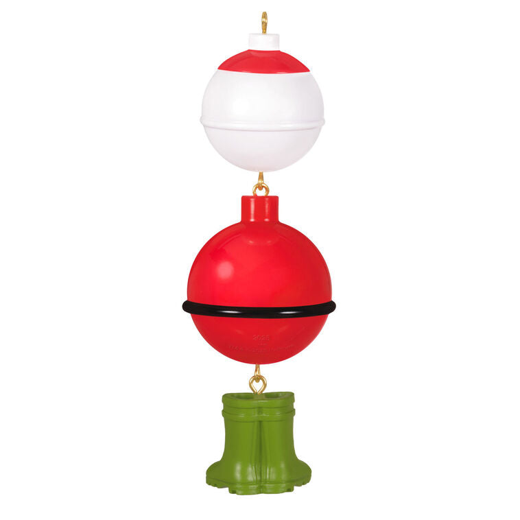 Christmas ornament with fishing bobbers shaped like Santa, wearing green wading boots, perfect for fishing enthusiasts

