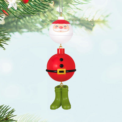 Christmas ornament with fishing bobbers shaped like Santa, wearing green wading boots, perfect for fishing enthusiasts

