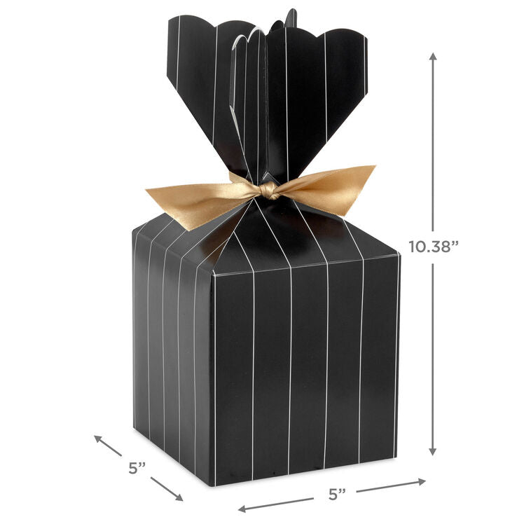 Hallmark vertical treat box with black and gold pinstripes, scalloped top, and gold ribbon tie—perfect for elegant gifts or party favors.