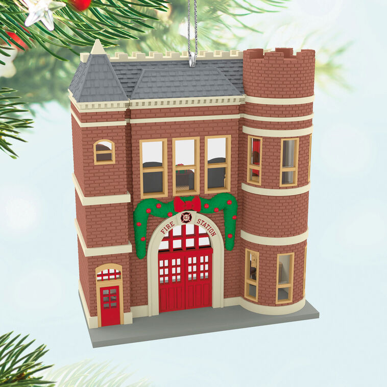 Red brick firehouse with festive garland, red door, and dalmatian dog, Hallmark Keepsake Korners Christmas ornament