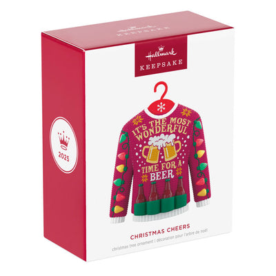 Red Christmas sweater ornament with beer mugs, bottles, and string lights design.

