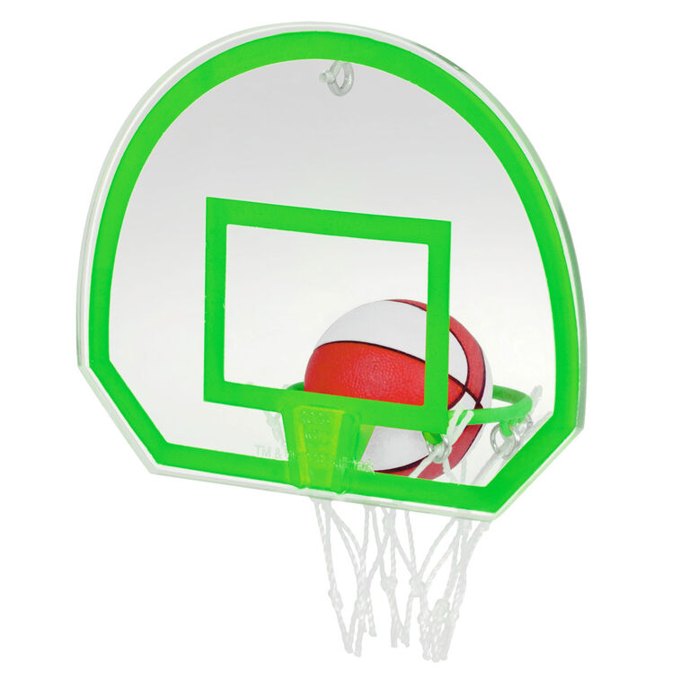 2025 basketball ornament with neon green hoop and net, showing a ball dropping into the goal for sporty holiday decor.
