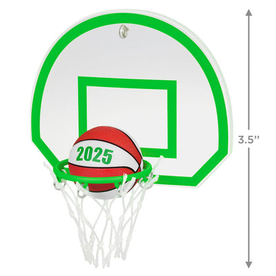 2025 basketball ornament with neon green hoop and net, showing a ball dropping into the goal for sporty holiday decor.