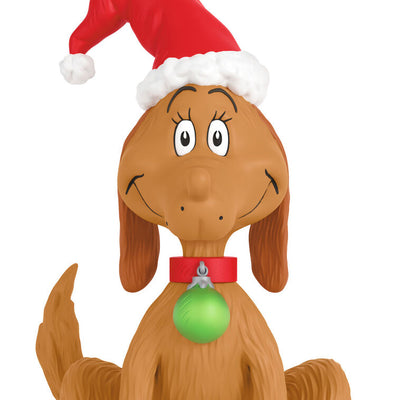Mini Max dog ornament with Santa hat and green collar tag, Grinch’s loyal companion, Hallmark Dr. Seuss Christmas collectible
