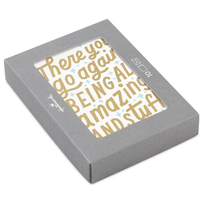 White thank you cards with gold foil block lettering that reads there you go again being all amazing and stuff, includes aqua-lined envelopes