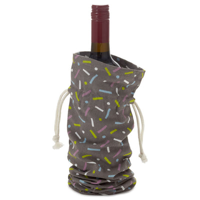 Hallmark 14-inch black fabric wine gift bag with colorful confetti print and drawstring
