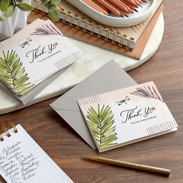 Thank-you cards with palm fronds and dragonfly on a blush and ivory background with soft matte finish