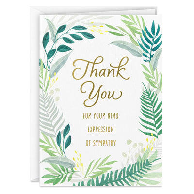 Sympathy cards with green fern border and gold foil thank you message, includes 10 blank cards and envelopes for loss or condolence notes