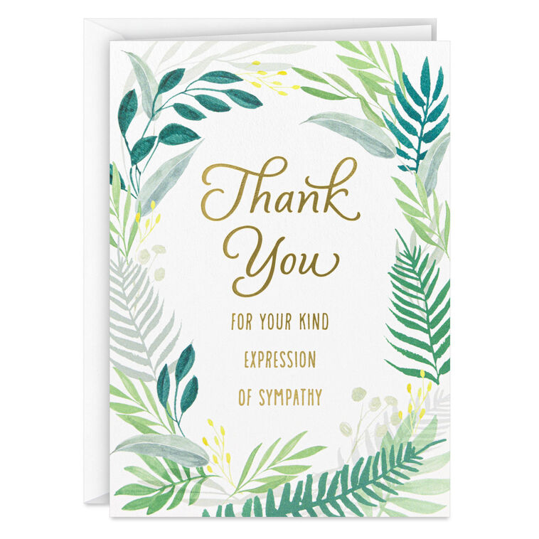 Sympathy cards with green fern border and gold foil thank you message, includes 10 blank cards and envelopes for loss or condolence notes