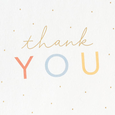 White thank-you cards with pastel-colored lettering and scattered gold foil dots, packaged in a kraft box with matching envelopes.

