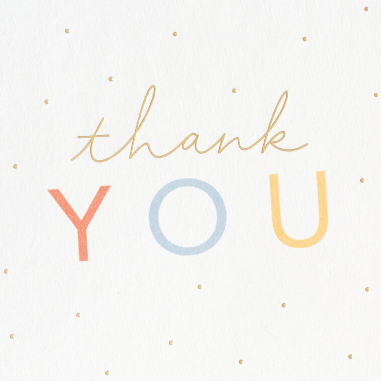 White thank-you cards with pastel-colored lettering and scattered gold foil dots, packaged in a kraft box with matching envelopes.
