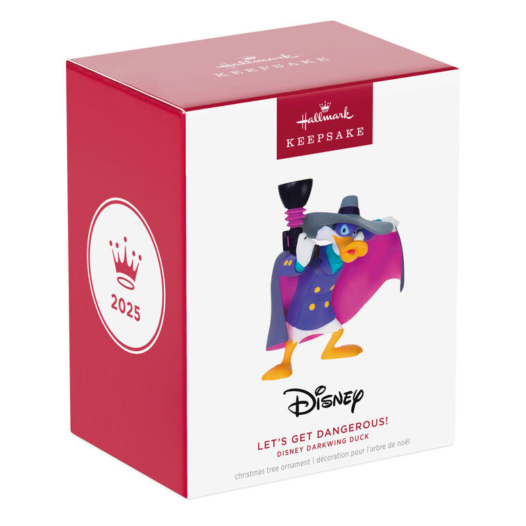 Hallmark Keepsake Disney Darkwing Duck Let’s Get Dangerous ornament, purple and pink superhero duck, cape, mask, blaster, animated pose.