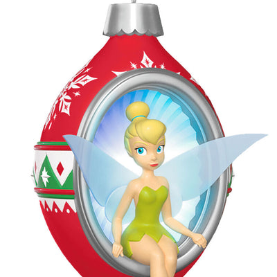 Hallmark Keepsake Disney Tinker Bell Trimming the Tree Ornament with Tink on red and green ornament, lights up with button.