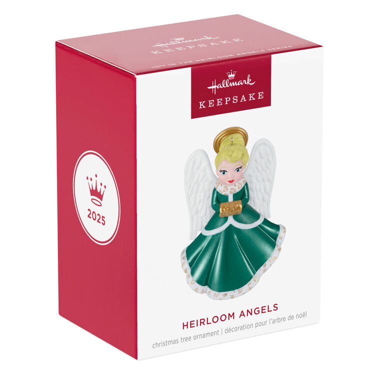 Hallmark Keepsake ornament of blonde angel in green and white dress with gold trim, glittery wings, and gold muff