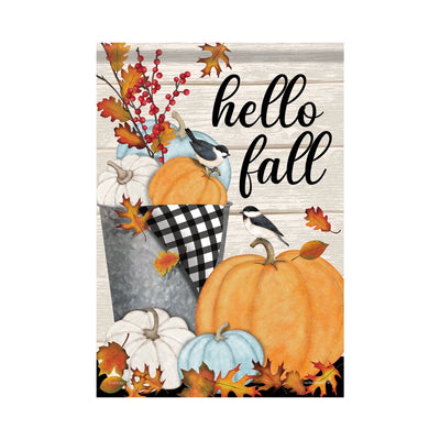 Fall garden flag with pumpkins and gourds on wooden background