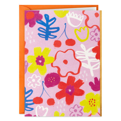 Mauve mini cards with colorful abstract floral designs and gold foil accents, paired with matching envelopes.
