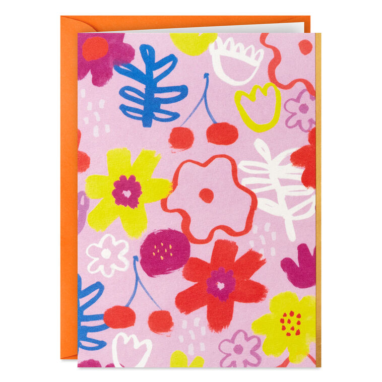 Mauve mini cards with colorful abstract floral designs and gold foil accents, paired with matching envelopes.
