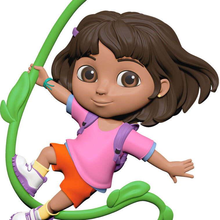 Dora the Explorer ornament swinging on jungle vine, pink shirt, orange shorts, purple backpack, Hallmark Keepsake holiday decor.