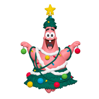 Patrick Star ornament, dressed as Christmas tree with lights, ornaments, star topper, Hallmark Keepsake, Nickelodeon, holiday decoration.