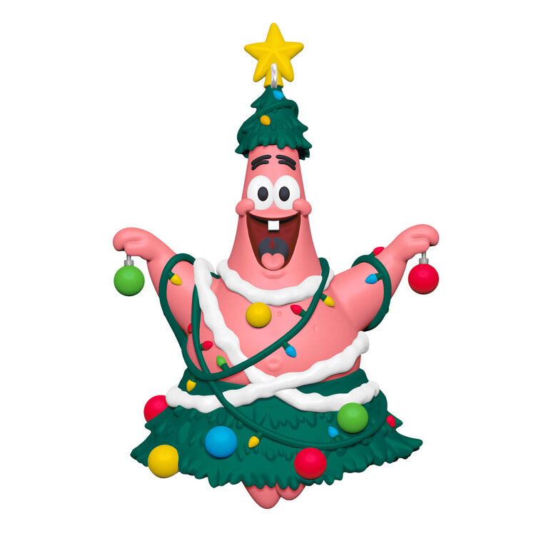 Patrick Star ornament, dressed as Christmas tree with lights, ornaments, star topper, Hallmark Keepsake, Nickelodeon, holiday decoration.
