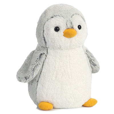 9" PomPom Penguin plush in gray and white by Aurora, featuring a soft, fluffy texture and a standing pose for wintery charm.
