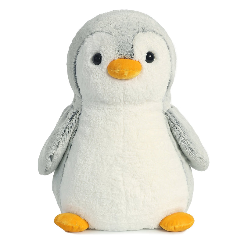 9" PomPom Penguin plush in gray and white by Aurora, featuring a soft, fluffy texture and a standing pose for wintery charm.