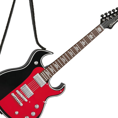 Red and black electric guitar Christmas ornament that plays “Street Fighting Man” by The Rolling Stones, battery operated

