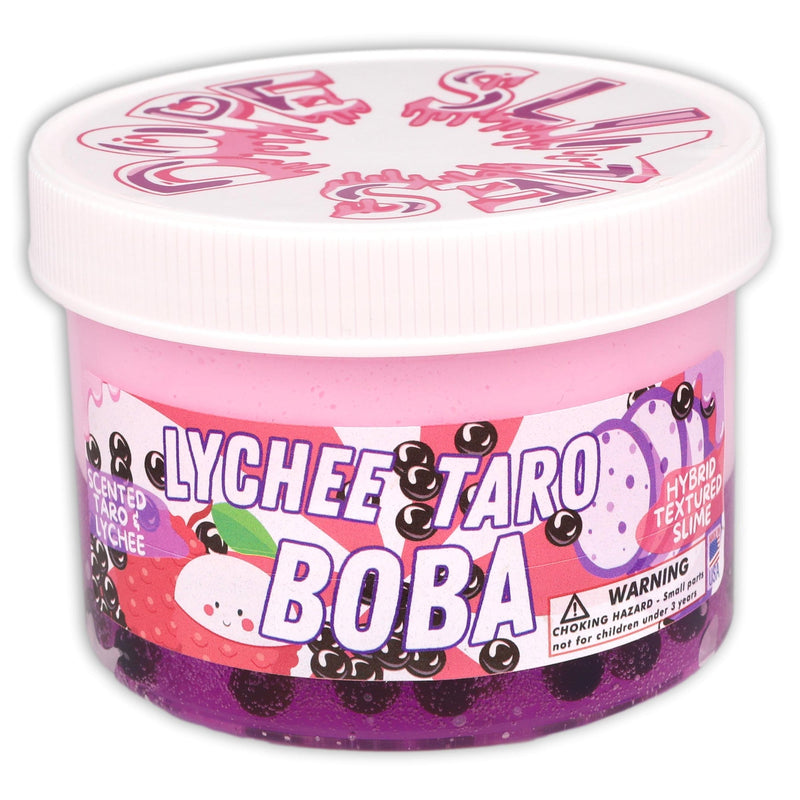 Creamy pink and brown slime with boba bead inclusions, scented like lychee and tropical fruit, perfect for tactile sensory play and boba tea lovers.