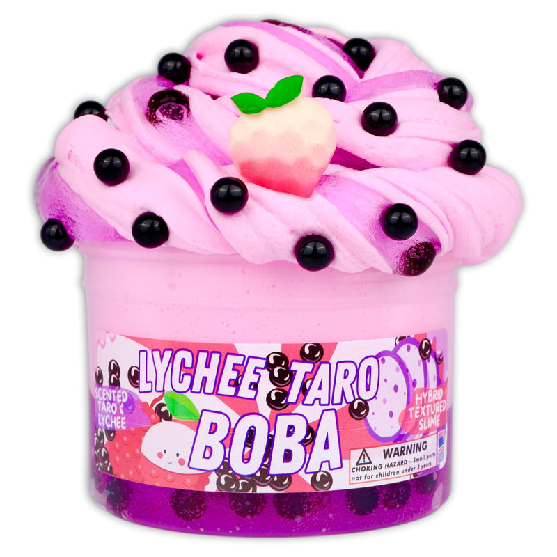Creamy pink and brown slime with boba bead inclusions, scented like lychee and tropical fruit, perfect for tactile sensory play and boba tea lovers.