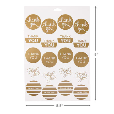 Gold foil thank-you sticker seals in assorted designs, includes 10 sheets of self-adhesive stickers.