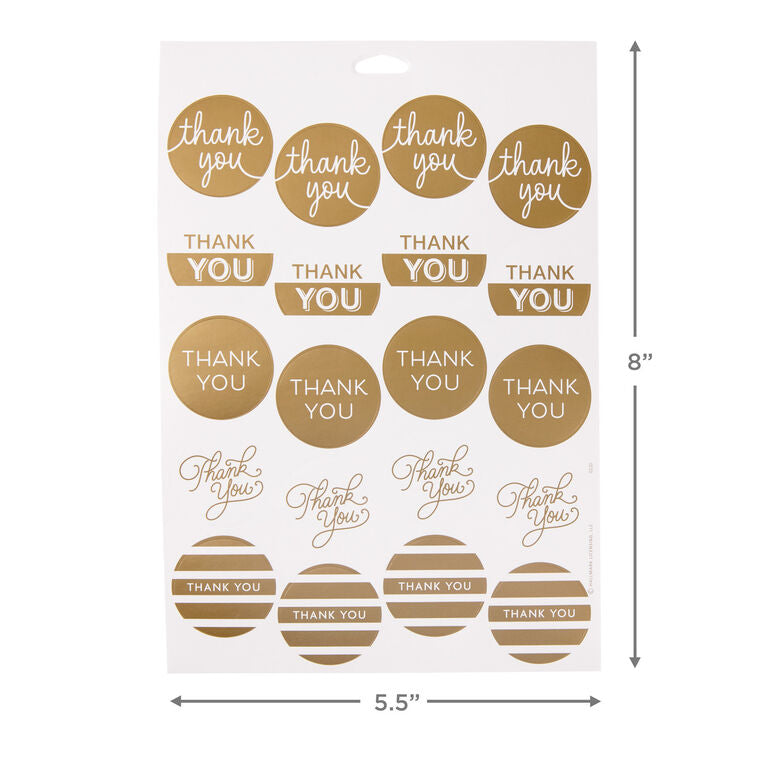 Gold foil thank-you sticker seals in assorted designs, includes 10 sheets of self-adhesive stickers.