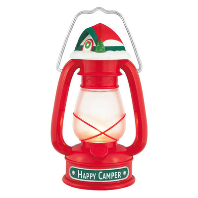 Vintage red lantern ornament topped with red and green tent, retro camping holiday decor

