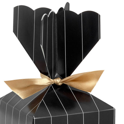 Hallmark vertical treat box with black and gold pinstripes, scalloped top, and gold ribbon tie—perfect for elegant gifts or party favors.