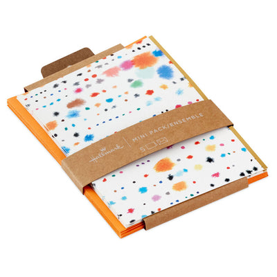 Set of 5 mini Hallmark note cards with multicolor abstract paint splash design and gold foil on white, includes envelopes.
