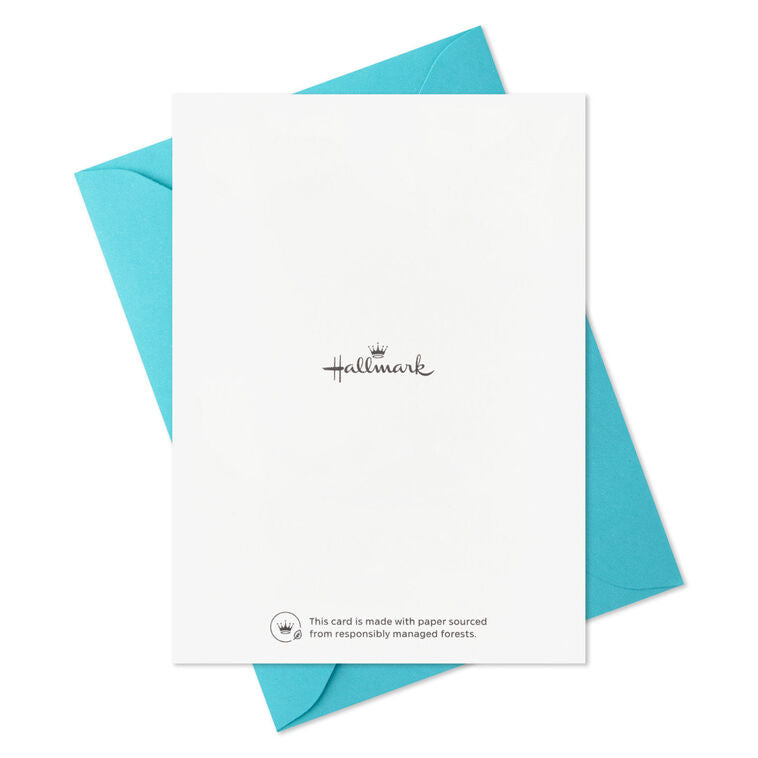 White thank you cards with gold foil block lettering that reads there you go again being all amazing and stuff, includes aqua-lined envelopes