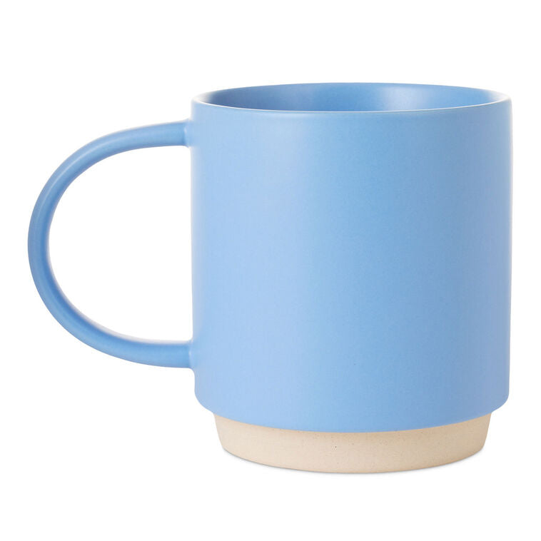 Bright blue ceramic mug with "Best Papa Ever" text, blue ribbon design, oversized handle, and recessed base for stacking.
