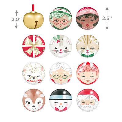 Set of 11 tin ball ornaments and gold jingle bell with North Pole Christmas characters, plus spiral-bound countdown book, Hallmark Keepsake