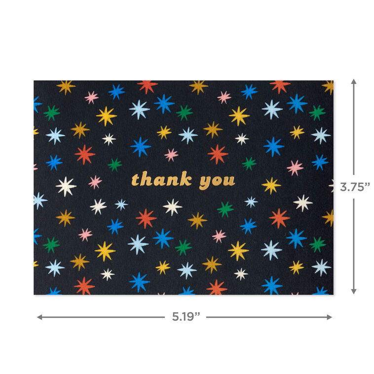 Black thank you cards with multicolor stars and gold foil lettering, shown in a kraft box with white envelopes, pack of 10
