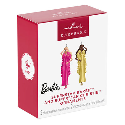 Set of two mini ornaments: Superstar Barbie in pink gown and Superstar Christie in yellow gown, Hallmark Keepsake fashion collectibles