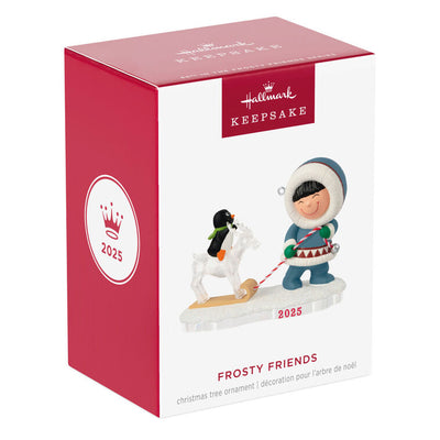 Frosty pulling sled with penguin riding reindeer ice sculpture, 2025 Hallmark Keepsake Frosty Friends Christmas ornament